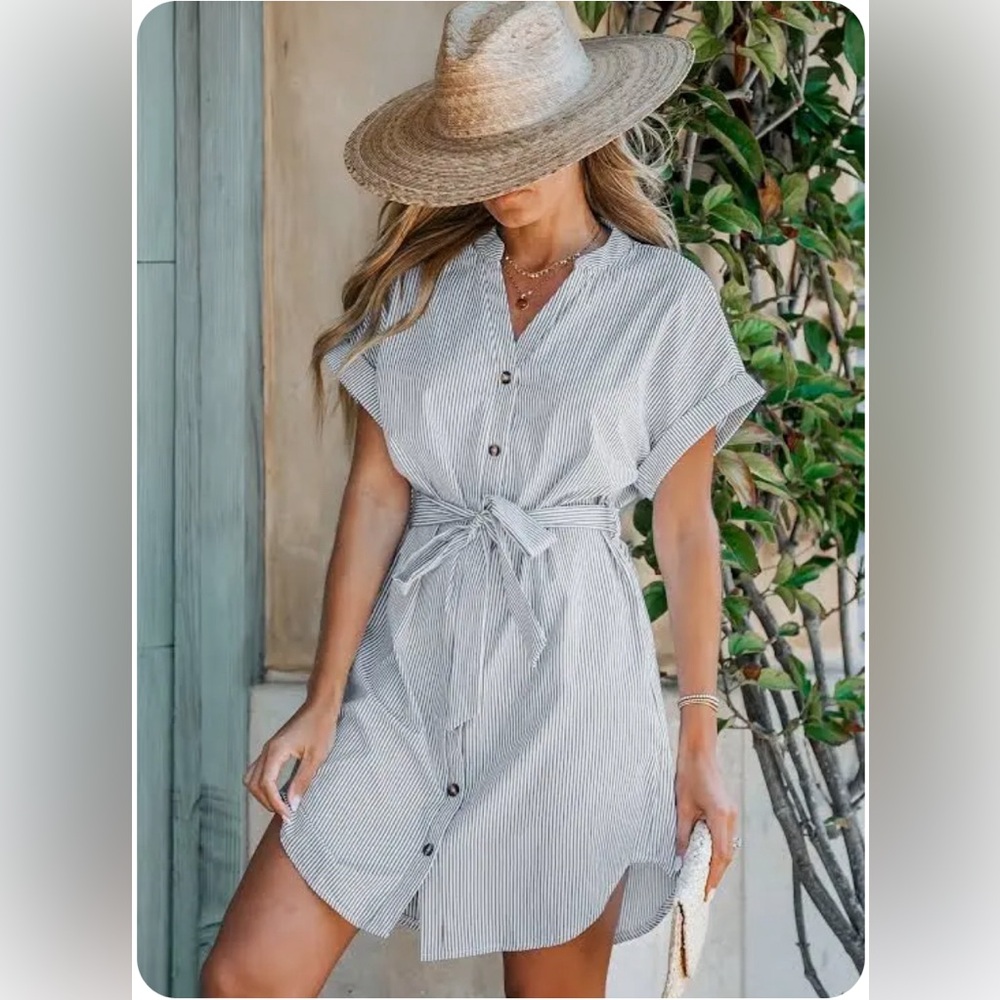 Belted Striped Button-Front Dress NWT Size S